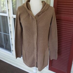 SPARROW Scallop Stitch Hooded Cozy‎ Tan Snap Front Swing Women's L Sweater